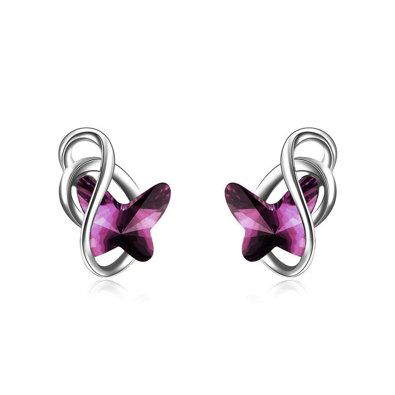AOBOCO Sterling Silver Infinity Butterfly Earrings Embellished with Crystals from Austria, Hypoallergenic Stud Earrings, Anniversary Birthday Butterfly Jewelry Gifts for Women (Purple) - Image 1